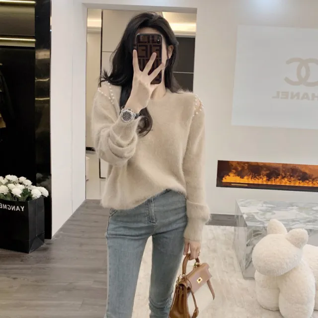 Off the shoulder Sleeves Beaded Mink like Wool Pullover Sweater Khaki - Shop at LoveMi