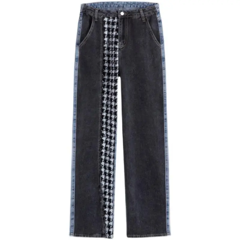 Street Wash Distressed Print Detachable Jeans Women Loose Slim Fit Draped Wide-leg Pants - Black
