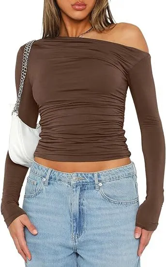 Women's Shoulder Asymmetric Solid Color Top Long Sleeve Brown - Shop at LoveMi