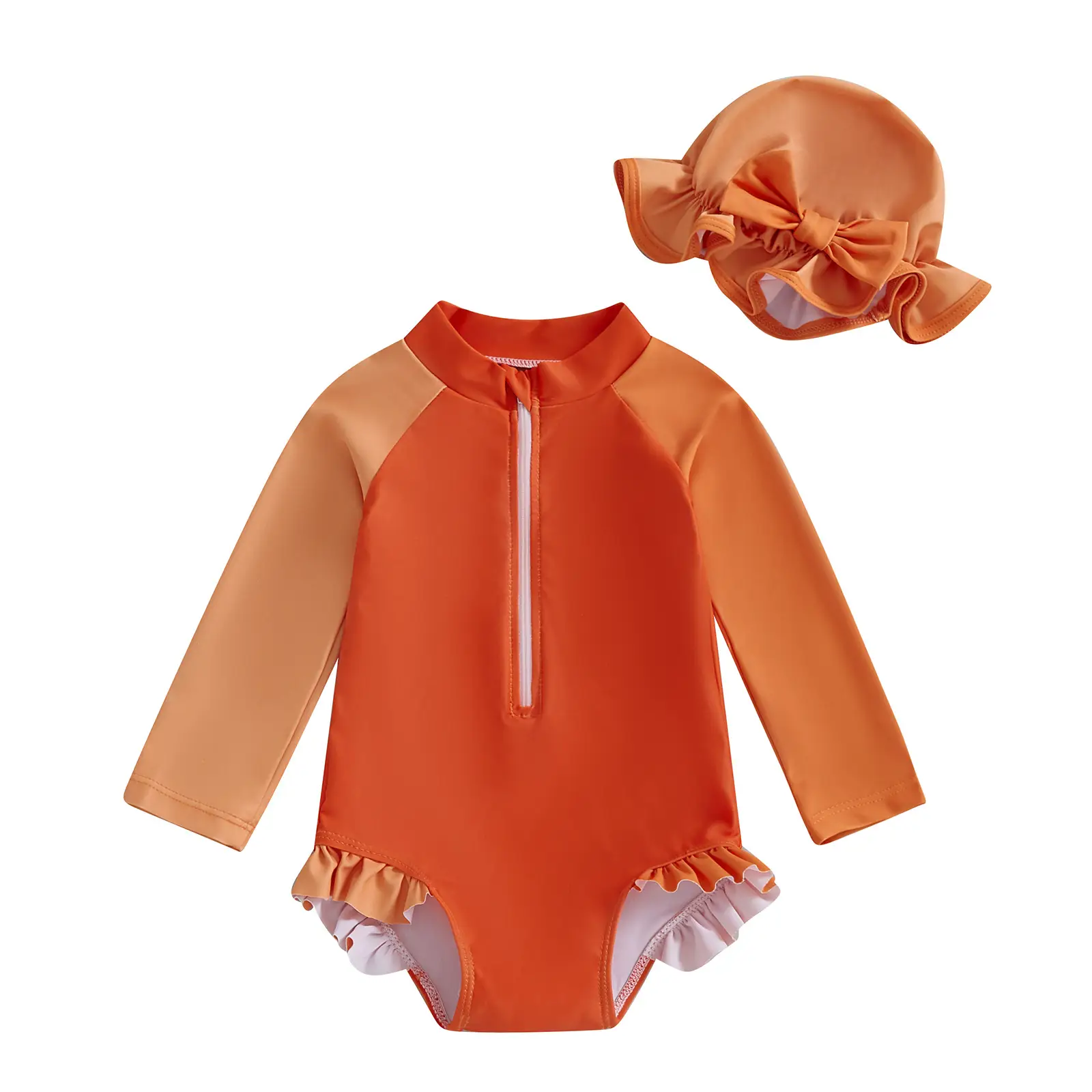 Color Stitching One-piece Long Sleeves With Hat Children's Swimsuit
