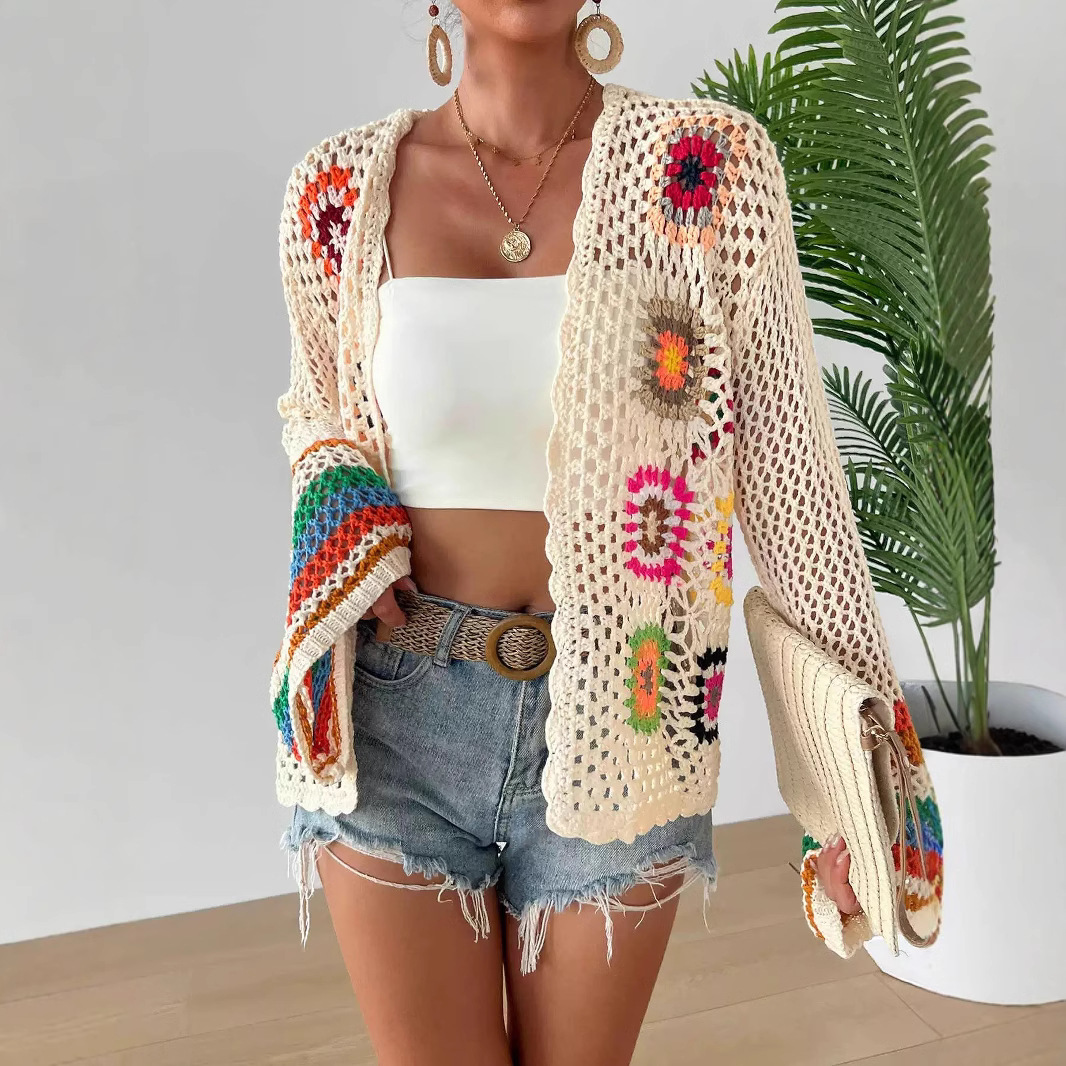 Hand-crocheted Floral Sweater With Random Color Blocks