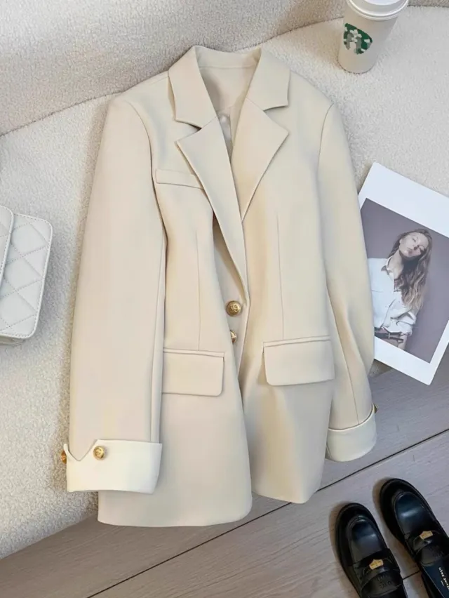 Casual Four Season Blazer With Color Block Design And Distinctive Cuffs Apricot - Shop at LoveMi
