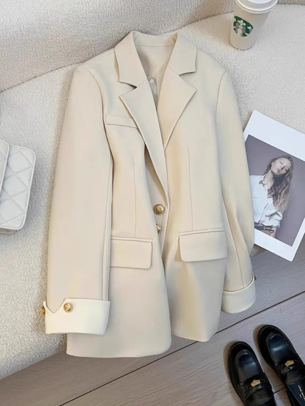 Casual Four-Season Blazer With Color-Block Design And Distinctive Cuffs - Apricot