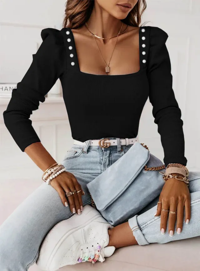 Women's Solid Color Beading Long Sleeve Sunken Stripe Top Black - Shop at LoveMi