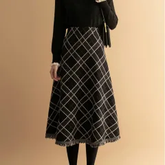 Plaid For Women Big Hem Skirt Wool Midi Dress - Black And Gray - View 1