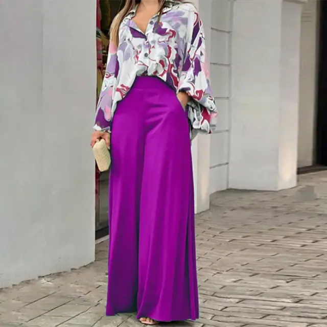 Loose And Elegant Casual Printed Shirt Top Wide Leg Pants Fashion Suit Purple - Shop at LoveMi