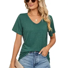 Spring Summer New Short Sleeves V-neck Pleated Solid Color Loose-fitting T-shirt Top Women - Green - View 1