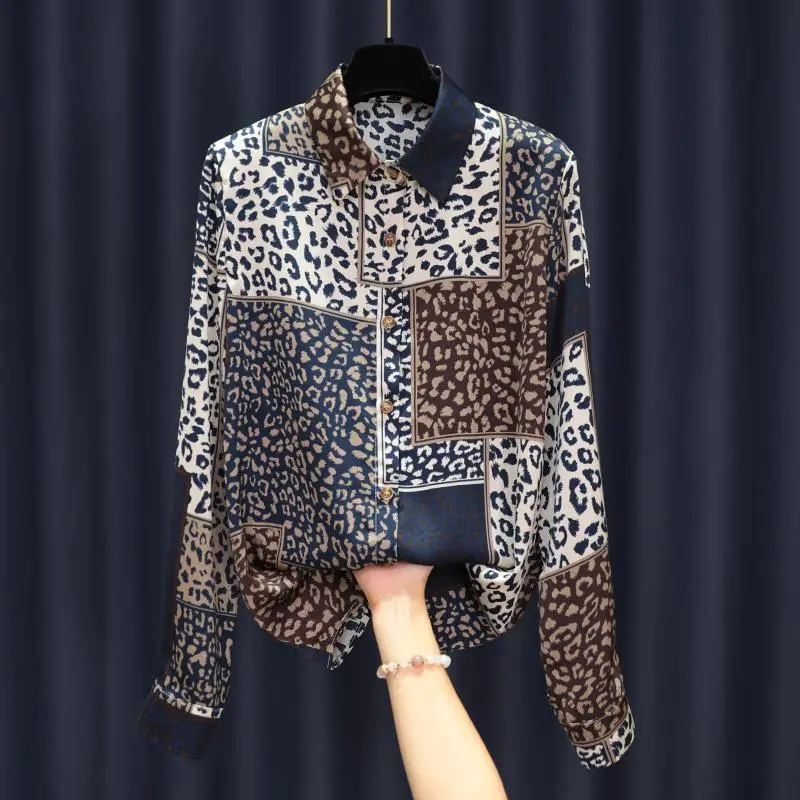 Women's Design Long Sleeve All-match Vintage Leopard Print Shirt - Blue