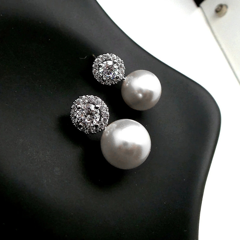 Elegant Dainty Pearl Stud Earrings Adorned With Zircons