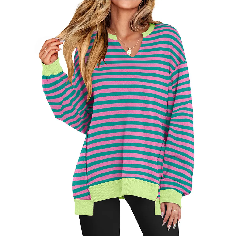 Colorful Striped V-neck Loose Sweatshirt - Rose