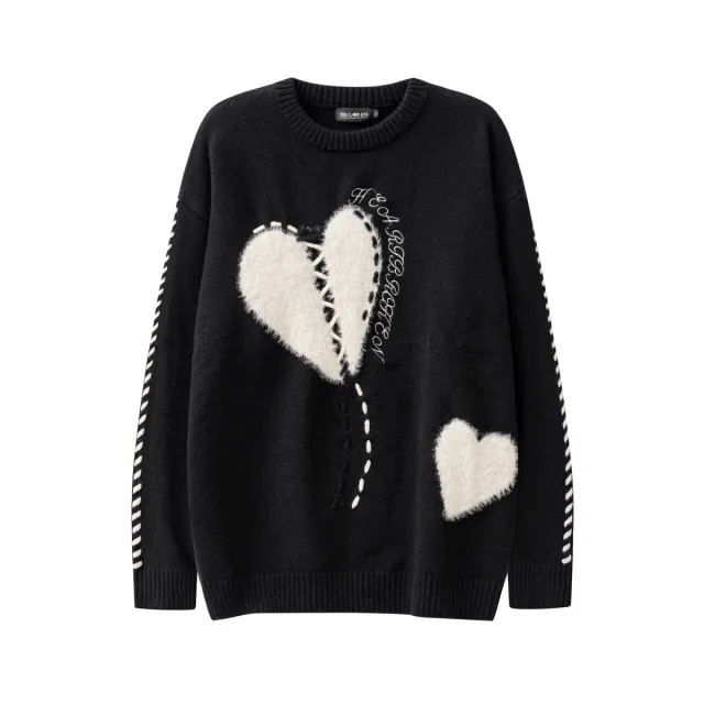 Street Love Embroidery Loose Round Neck Knitted Couple Sweater Black - Shop at LoveMi