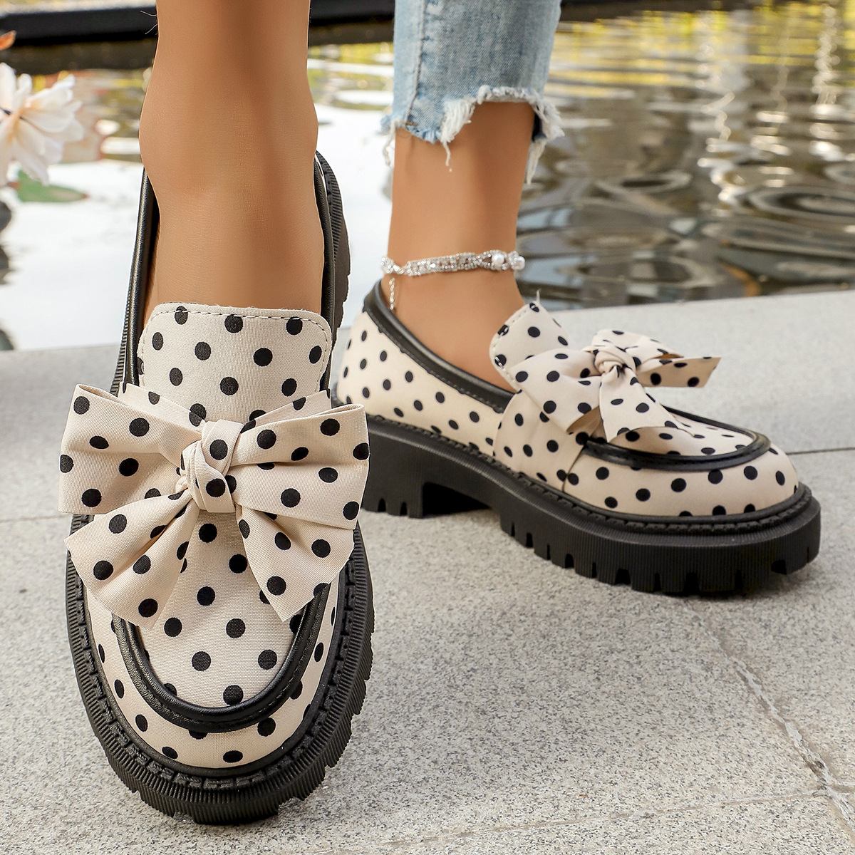 Spring New Arrival Bow-Knot Polka-Dot Casual Womens Leather Shoes