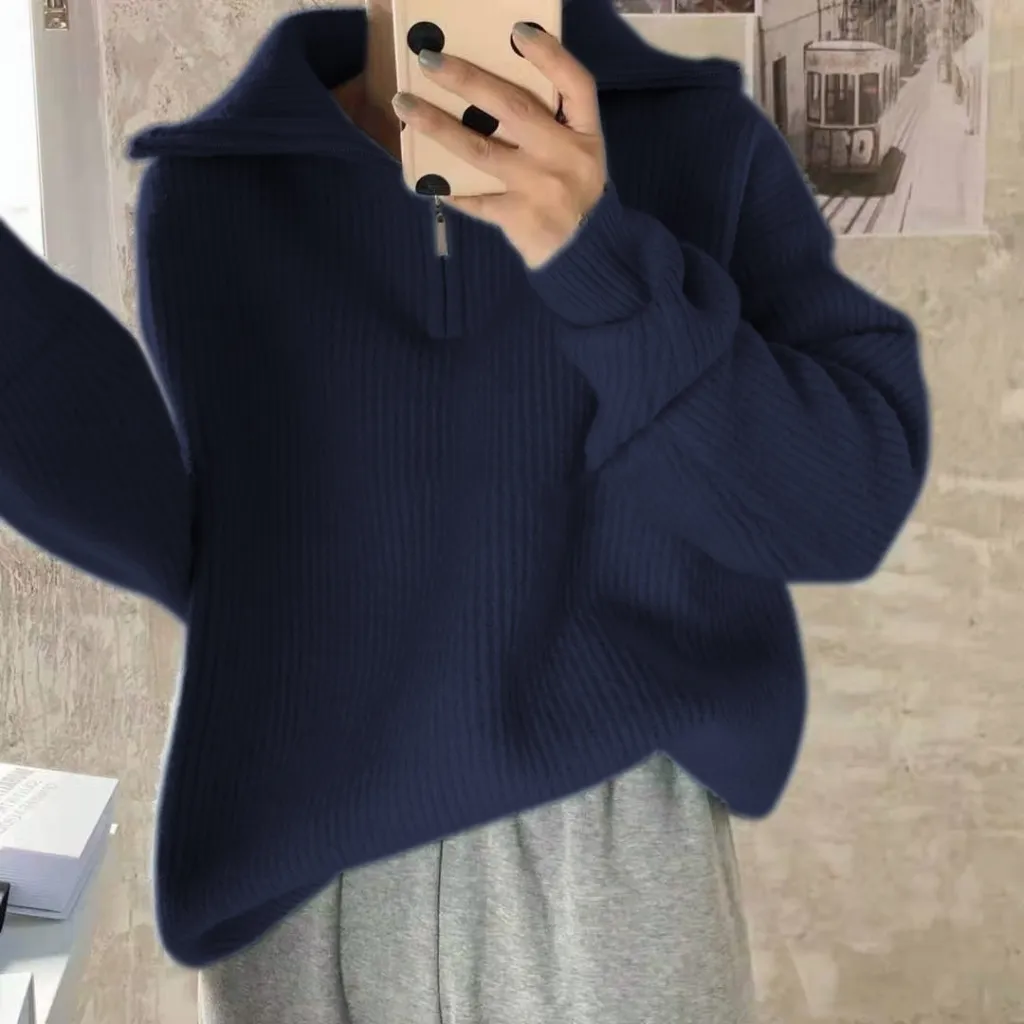 Autumn And Winter Gentle Stand Collar Sweater Cardigan Coat Loose Women - Navy Blue