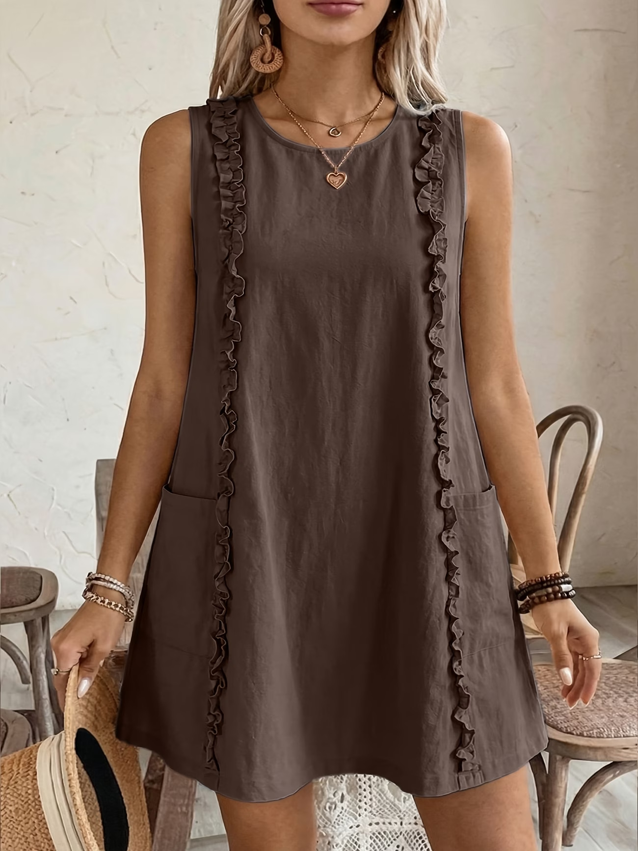 Women's ruffle dress in brown – styled outfit