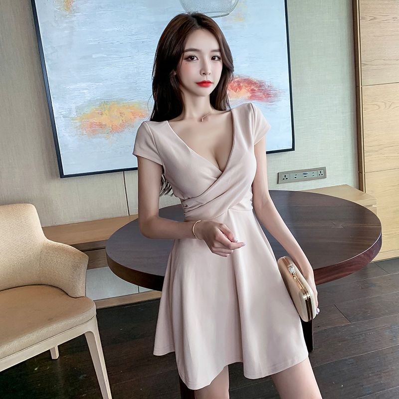 Womens Fashion Deep V-Neck Low-Cut Waist-Cinching Tummy-Hiding A-Line Dress
