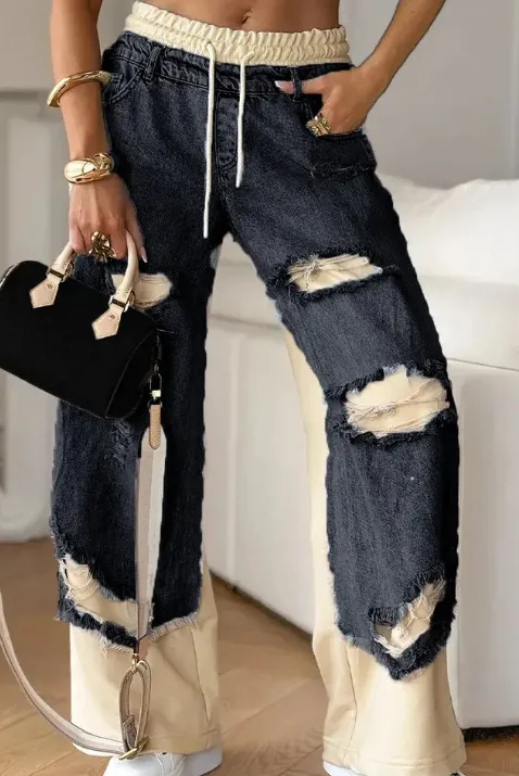 Ripped Double-layer Color Straight Jeans - Graphite Color