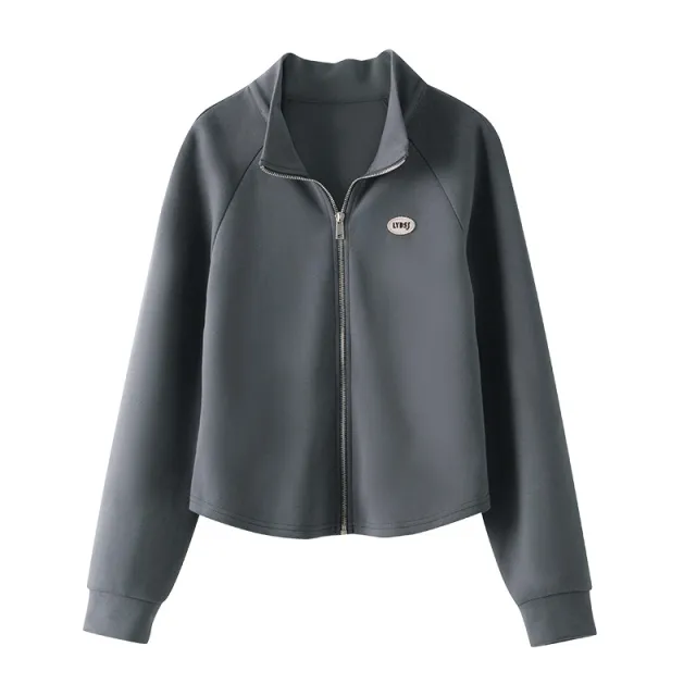 Women's Sports Raglan Sweater Short Embroidery Zipper Cardigan Outerwear Gray - Shop at LoveMi
