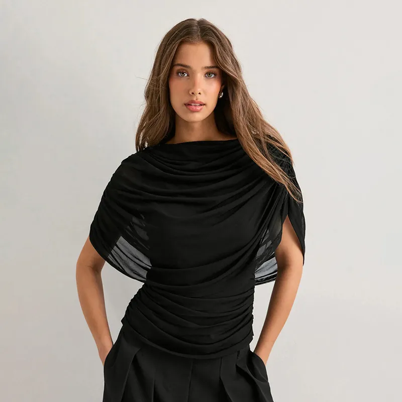 Features A Scarf-style Neckline And Draped Pleats - Black