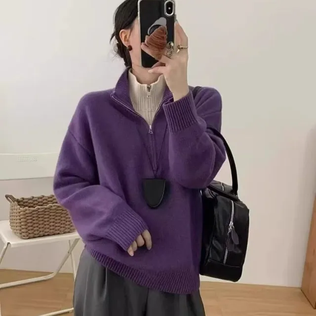 Casual Versatile Loose False Two Pieces Advanced Design Sweater Purple - Shop at LoveMi