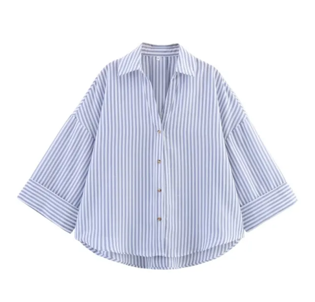 Casual All matching Lapel Striped Wide Sleeve Shirt Blue - Shop at LoveMi