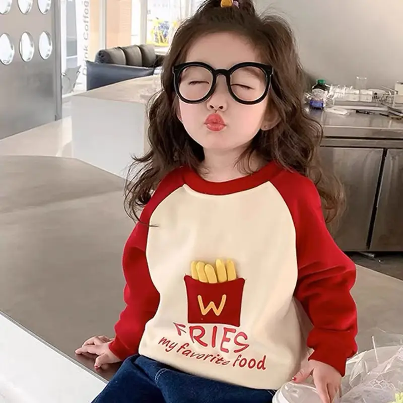Fleece-lined Children's Sweater Girls' Cartoon Pullover Top