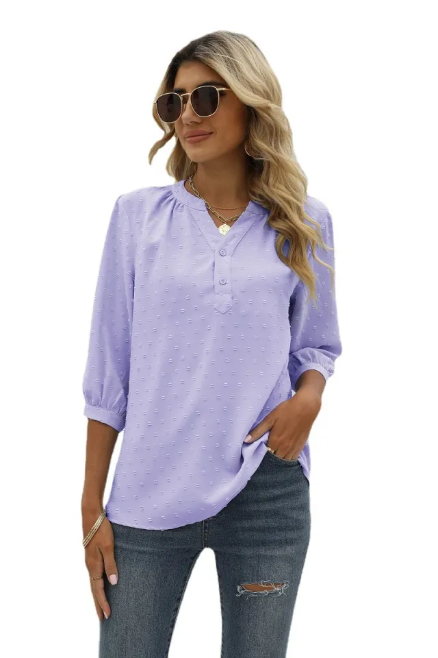 Women's Stand up Collar Medium sleeve Shirt Jacquard Fur Ball Casual Loose Top Light Purple - Shop at LoveMi
