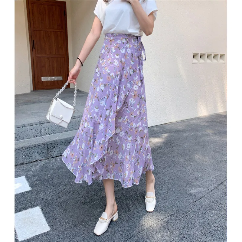 Vacation Style Floral Skirt Chiffon Dress Skirt One-piece Ruffled - Purple