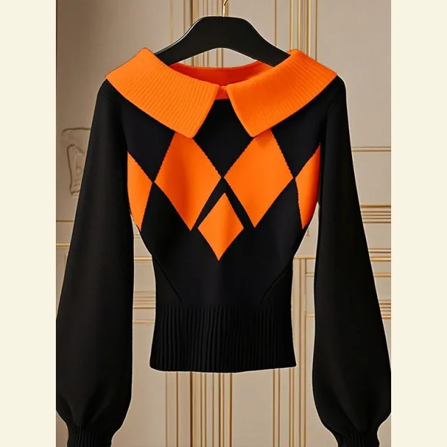European Goods Western Style Unique Chic Niche Idle Style Black Diamond Plaid Sweater Orange - Shop at LoveMi
