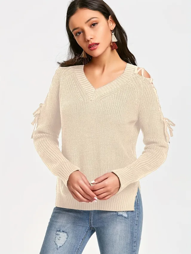 Hollow Knit Sweater Women Long Sleeve Tie Loose V neck Apricot - Shop at LoveMi