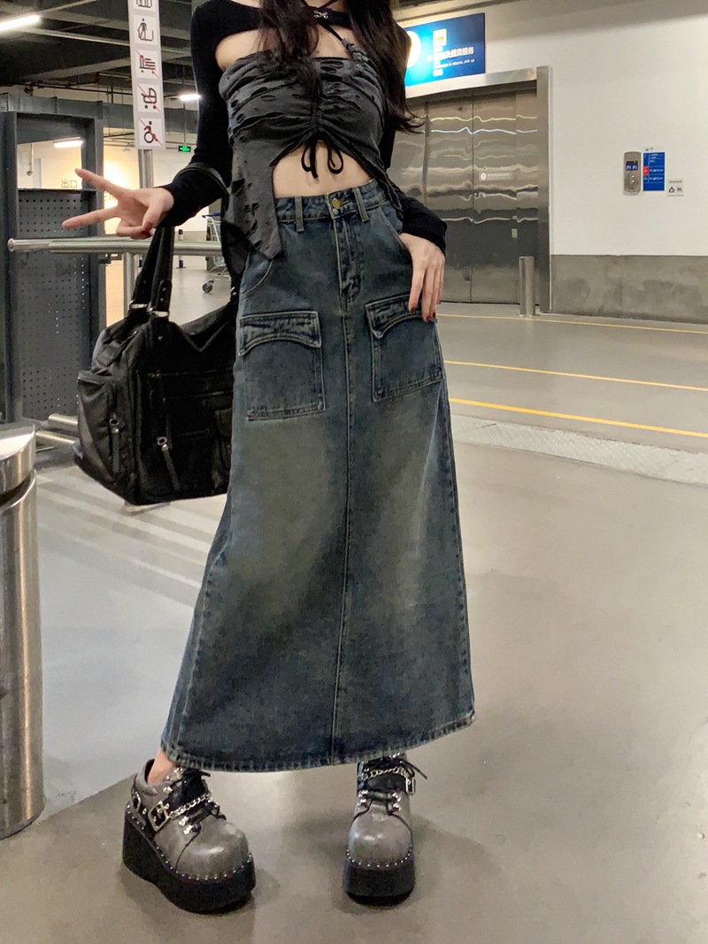 Retro Design Straight Hip Skirt Black Mid-length