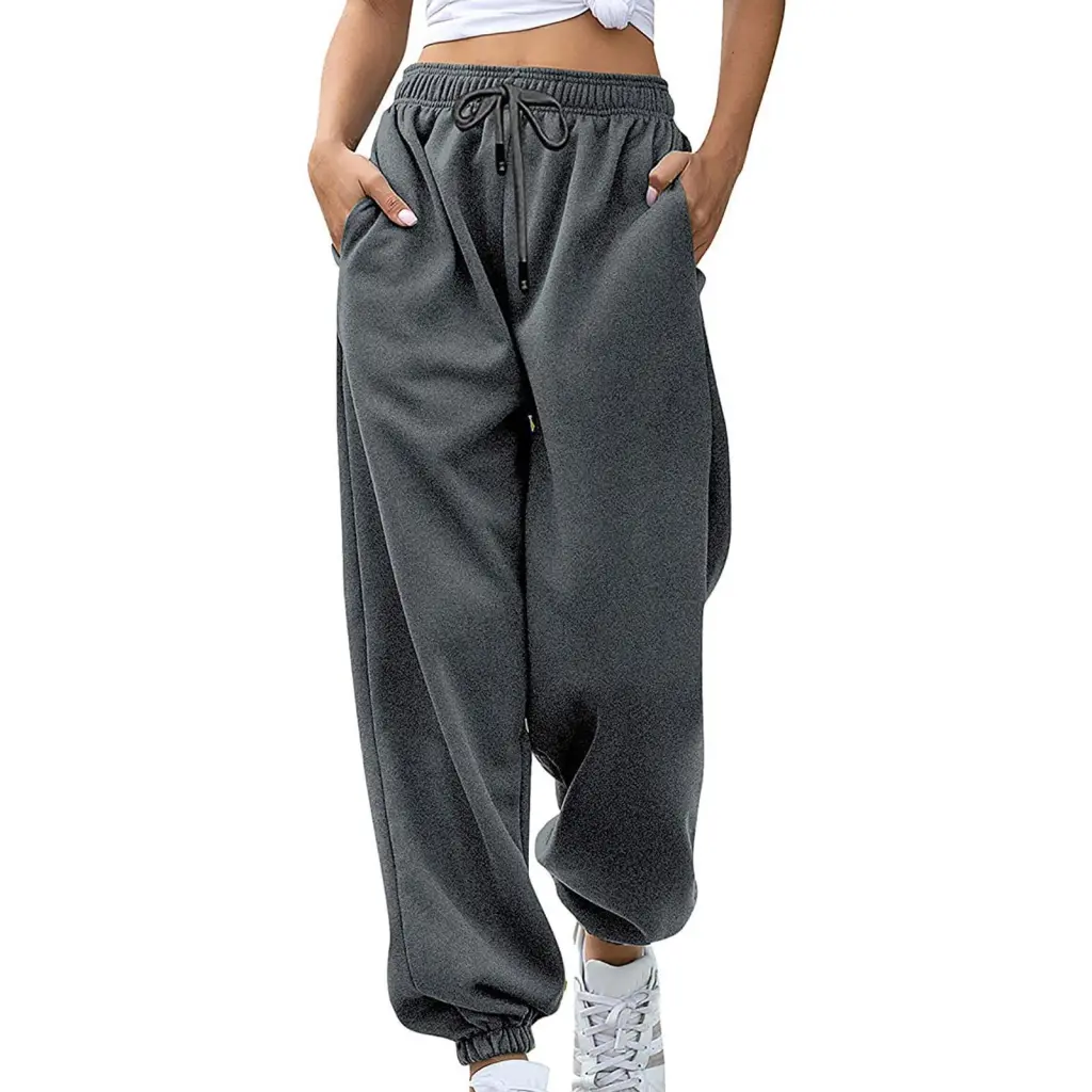 Women's Loose Leisure Sports Drawstring Wide Leg Ankle Banded Pants - Dark Grey