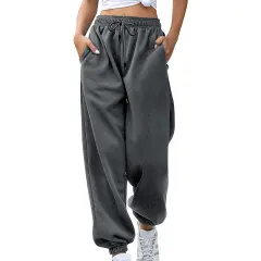 Women's Loose Leisure Sports Drawstring Wide Leg Ankle Banded Pants - Dark Grey - View 1