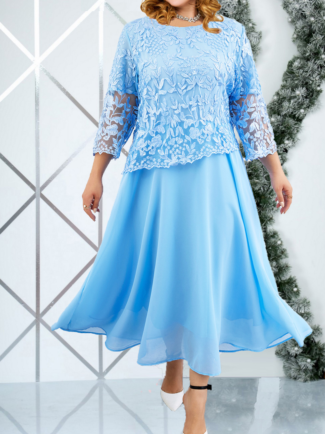 Women's Water Soluble An Embroidered Skirt European And American Style Lace Chiffon Sky Blue - Shop at LoveMi