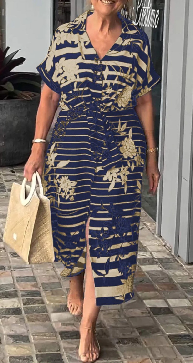 Women's Short Sleeve Belt Slit Hemline At Hem Plant Print Dress Dark Blue - Shop at LoveMi