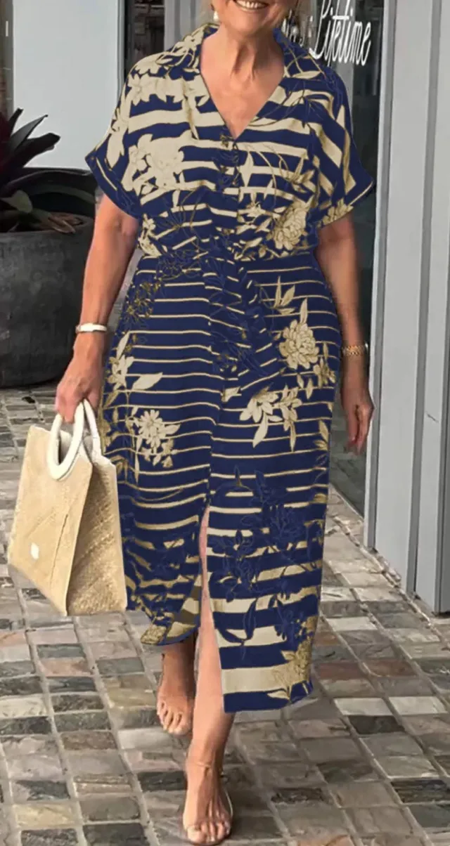 Women's Short Sleeve Belt Slit Hemline At Hem Plant Print Dress Dark Blue - Shop at LoveMi
