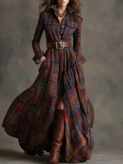 Ins Plaid Print Long-Sleeved Dress Fashion Pockets Collared Buttons Shirt Long Dresses Retro Women's Clothing - Red - View 1