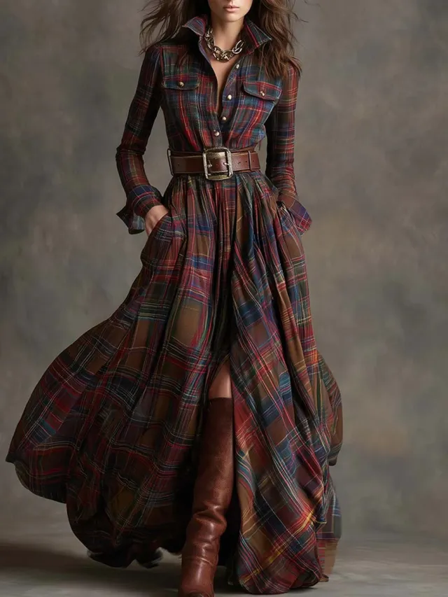 Ins Plaid Print Long Sleeved Dress Fashion Pockets Collared Buttons Shirt Long Dresses Retro Women's Clothing Red - Shop at LoveMi