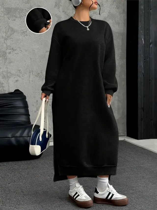Womens Fleece Lined Crew Neck Long Sleeve Sweater Dress Black - Shop at LoveMi