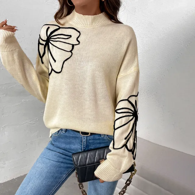 Women's Half Turtleneck Flower Pattern Sweater Apricot - Shop at LoveMi
