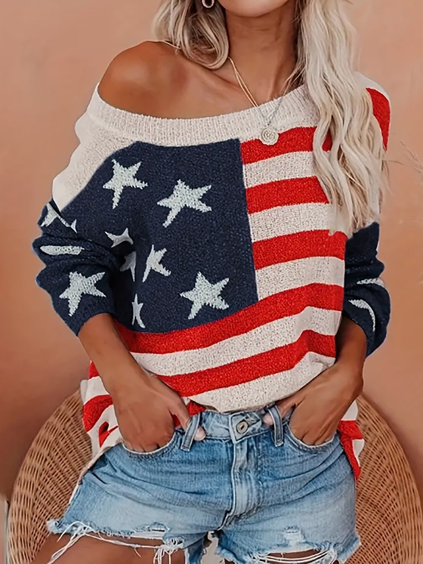 Sweater Women's Knitwear American Flag Long Sleeve Top Flower Color 2 L - Shop at LoveMi