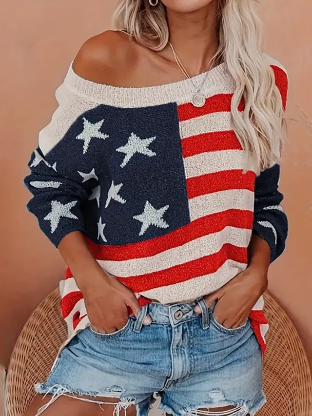 Sweater Women's Knitwear American Flag Long Sleeve Top Flower Color 2 S - Shop at LoveMi