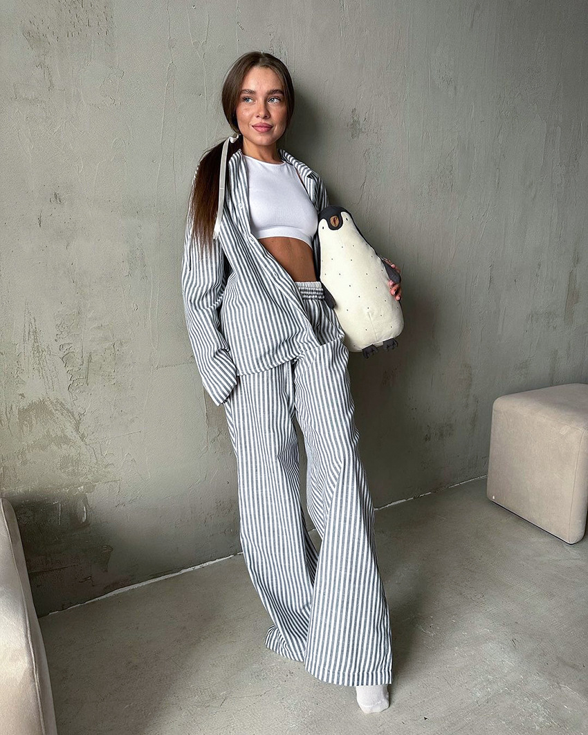 Striped Comfortable Soft Long-sleeved Trousers Pajamas Suit