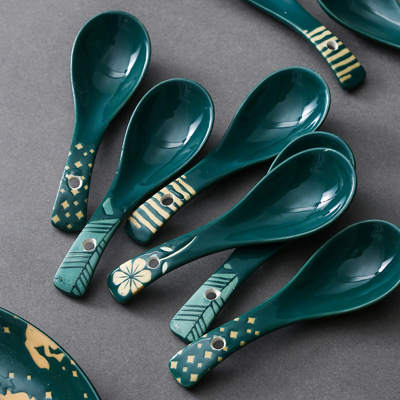 Dark Green Underglaze Porcelain Spoon Household Japanese Style Tableware Peacock Green Ceramic Small Spoon