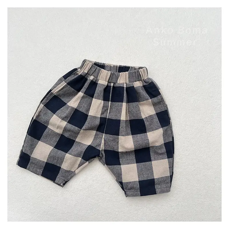 Retro Blue Plaid Casual Capri Pants Children's Middle Pants