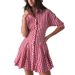New French Sweet Red Plaid Waist-cinching Dress - Red - View 1