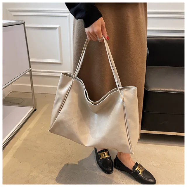 Vintage Women's Tote Bag Athletic Casual Fashion Large Capacity Leather Shoulder Bag Shopper Harajuku Simple Handbag White - Shop at LoveMi