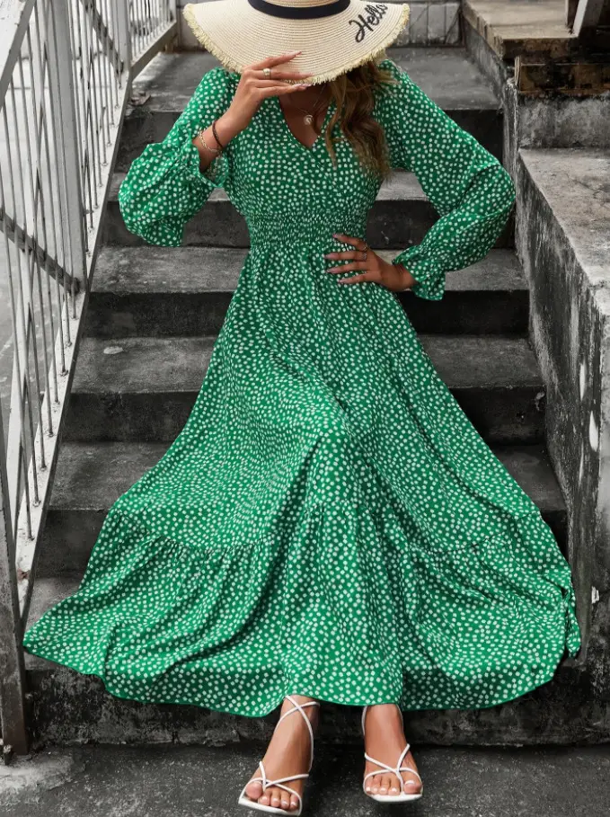 V-neck Floral Long Dress Women's Clothing