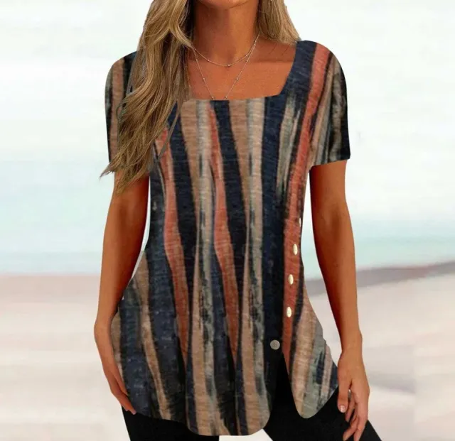 Cross border New Print Short Sleeve Irregular Button Split Printed Women's T shirt Stripes - Shop at LoveMi