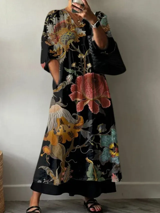 European And American Women's Casual Fashion Printing V neck Mid length Dress Ckqz D011 - Shop at LoveMi