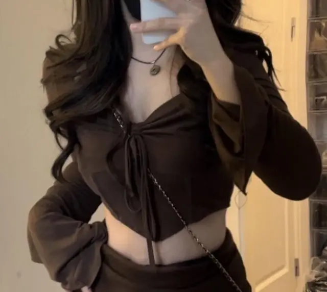 American Hem Irregular Long Sleeve Top And Skirt Suit Top - Shop at LoveMi